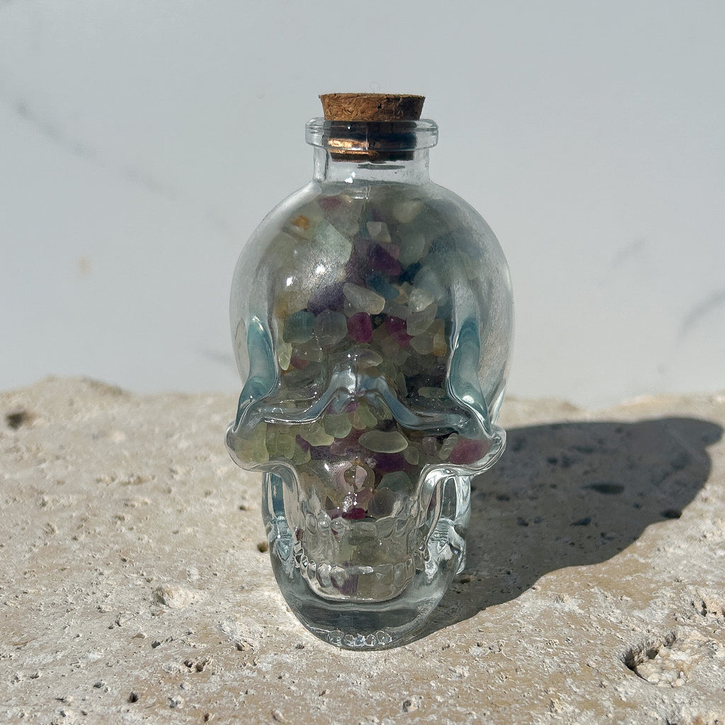 Clear Glass Skull with Mixed Fluorite Crystal Chips