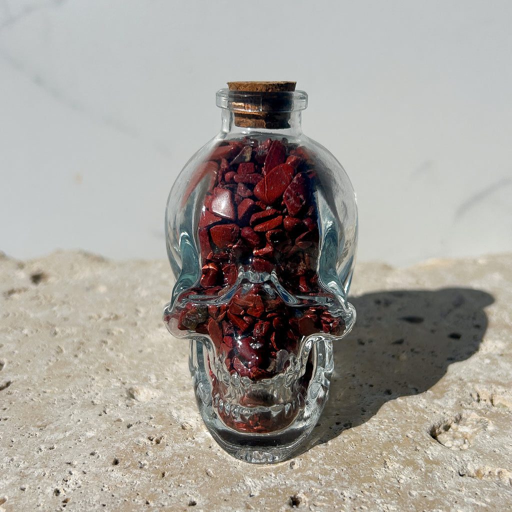 Clear Glass Skull with Red Jasper Crystal Chips