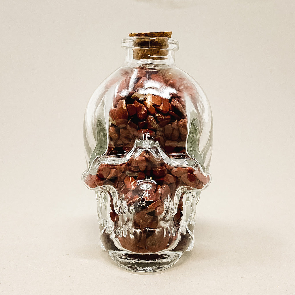 Clear Glass Skull with Red Jasper Crystal Chips