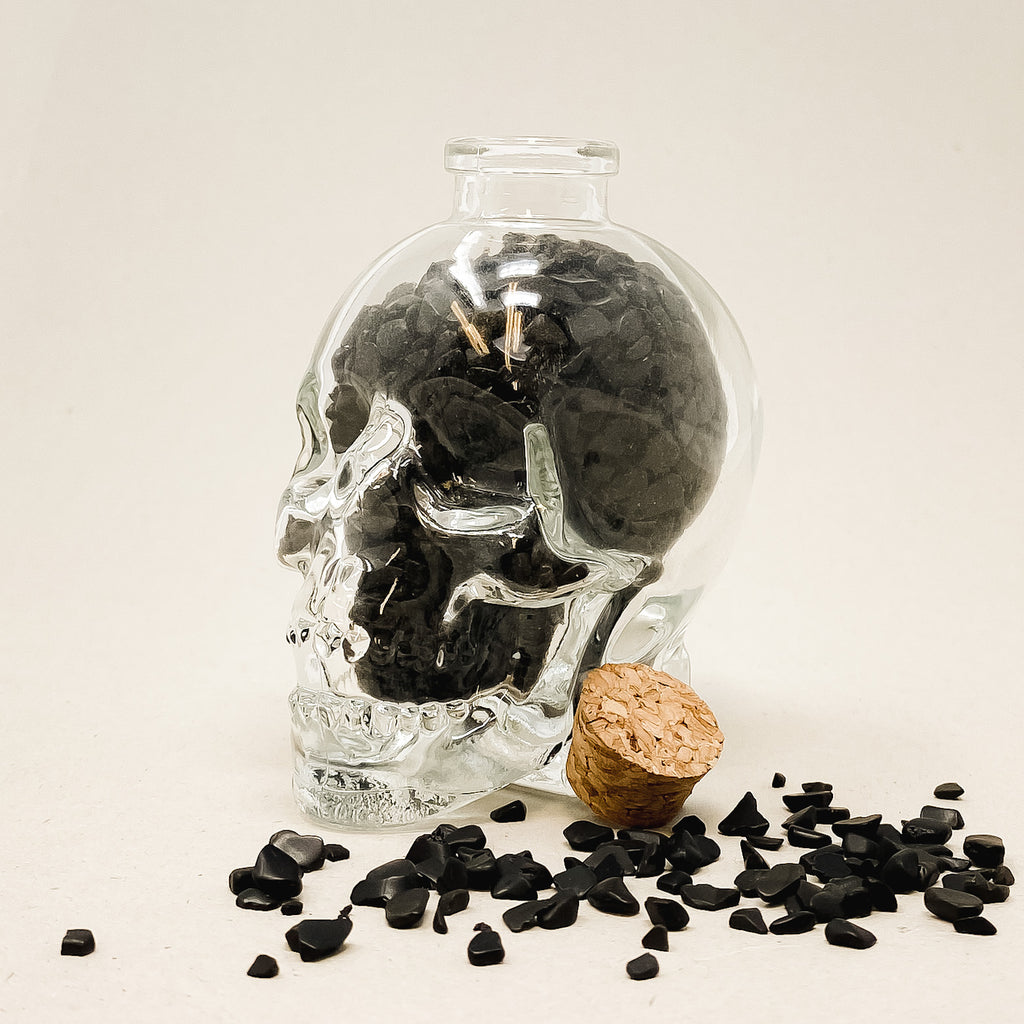 Clear Glass Skull with Black Obsidian Crystal Chips