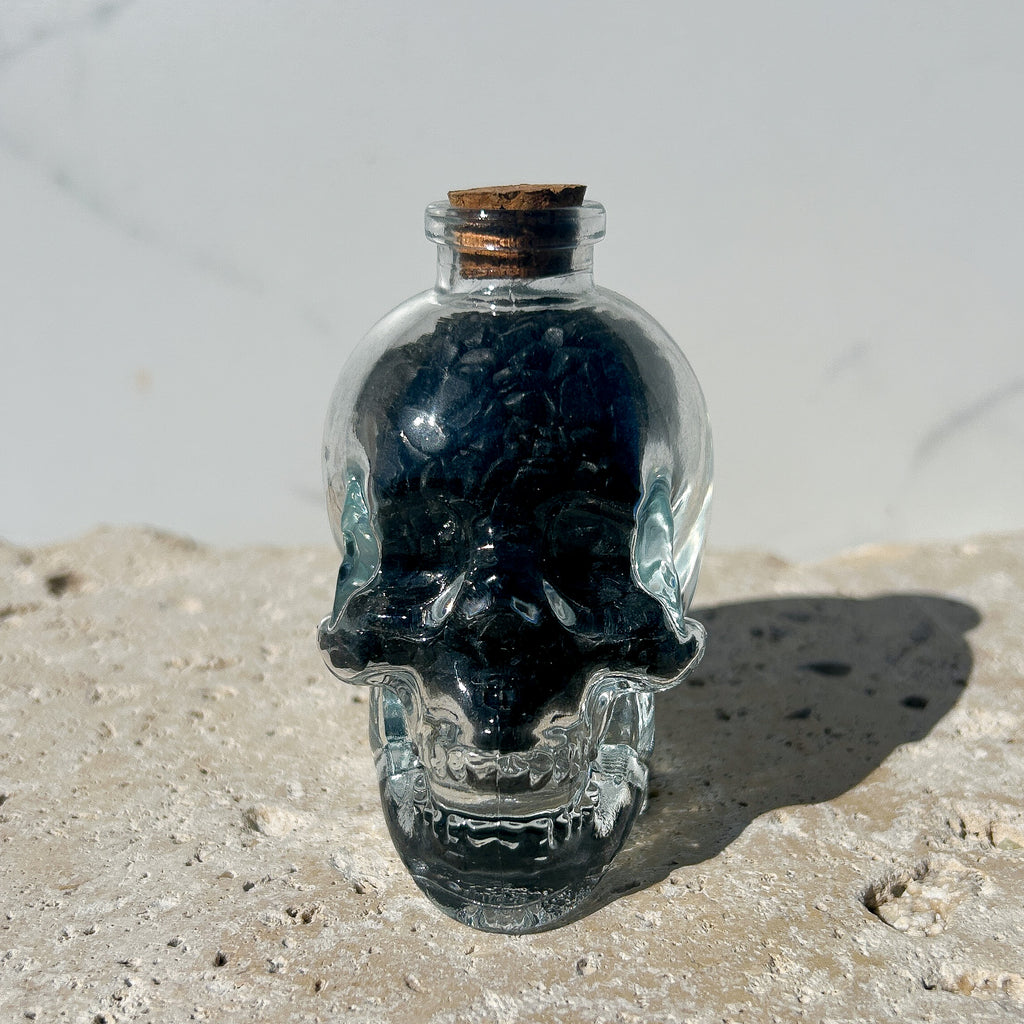 Clear Glass Skull with Black Obsidian Crystal Chips