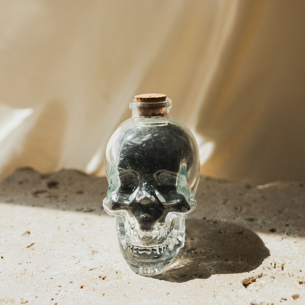 Clear Glass Skull with Black Obsidian Crystal Chips