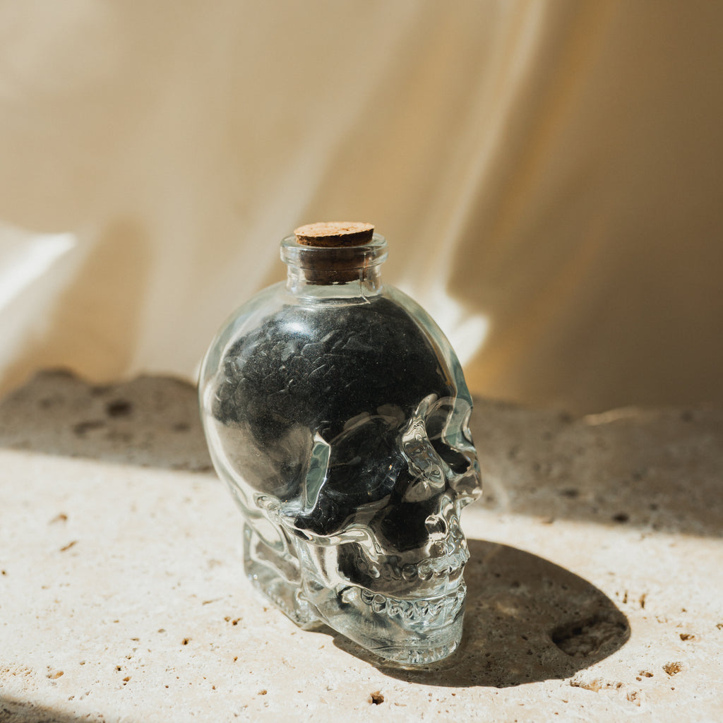 Clear Glass Skull with Black Obsidian Crystal Chips
