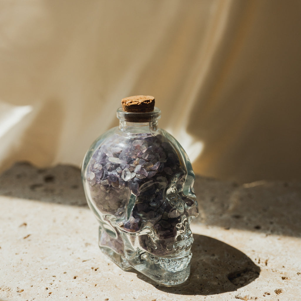 Clear Glass Skull with Purple Amethyst Crystal Chips