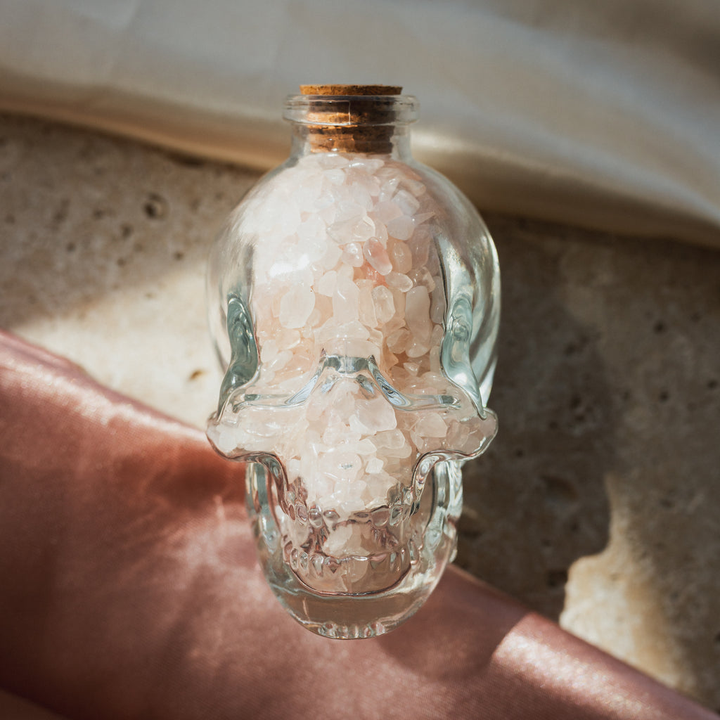 Clear Glass Skull with Rose Quartz Crystal Chips