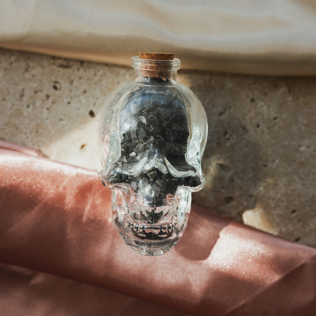 Clear Glass Skull with Black Obsidian Crystal Chips