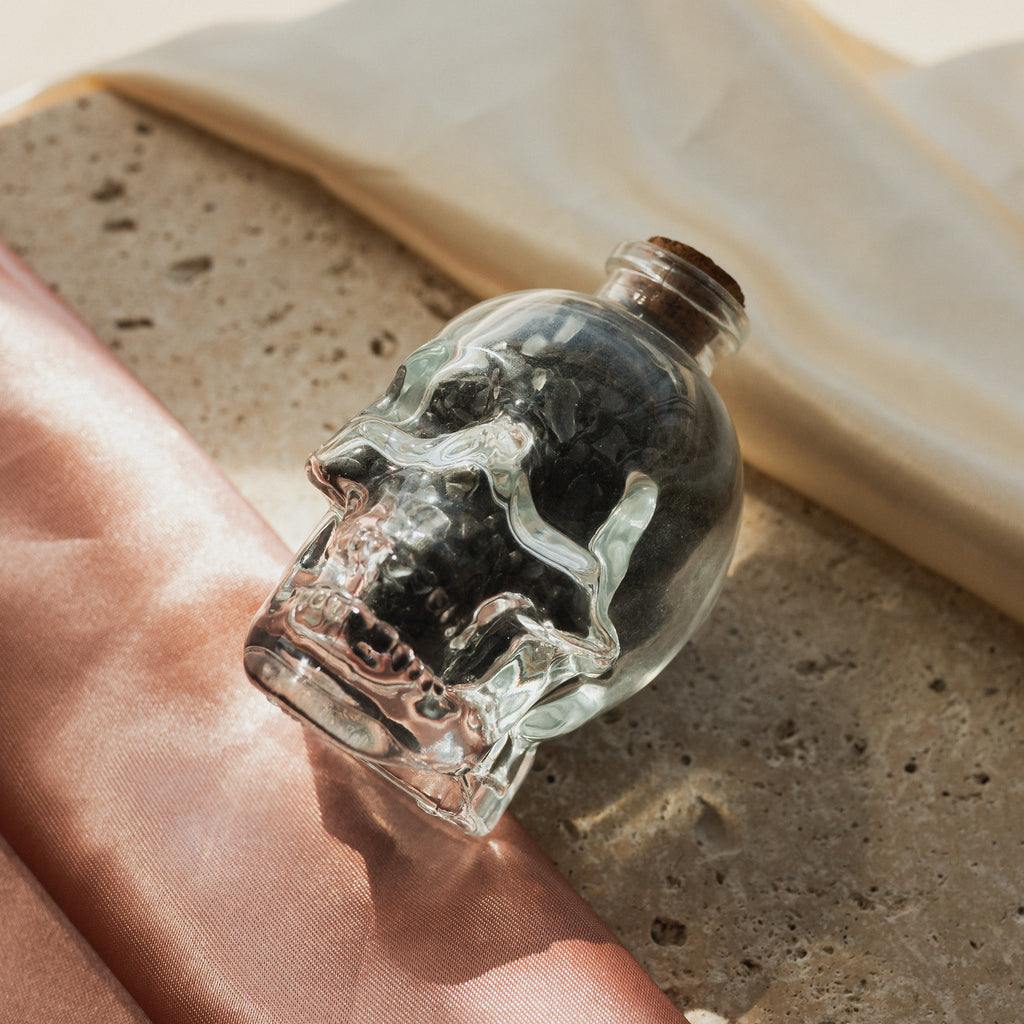 Clear Glass Skull with Black Obsidian Crystal Chips