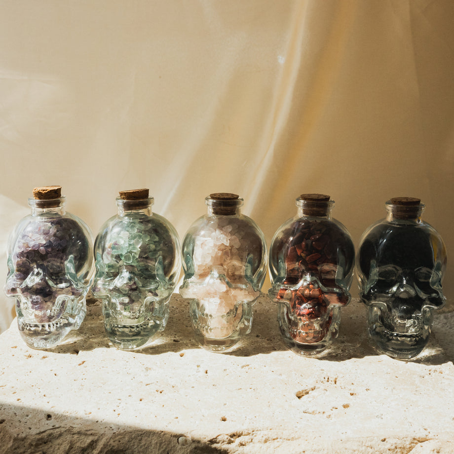 Clear Glass Skull with Red Jasper Crystal Chips – Kumi Oils