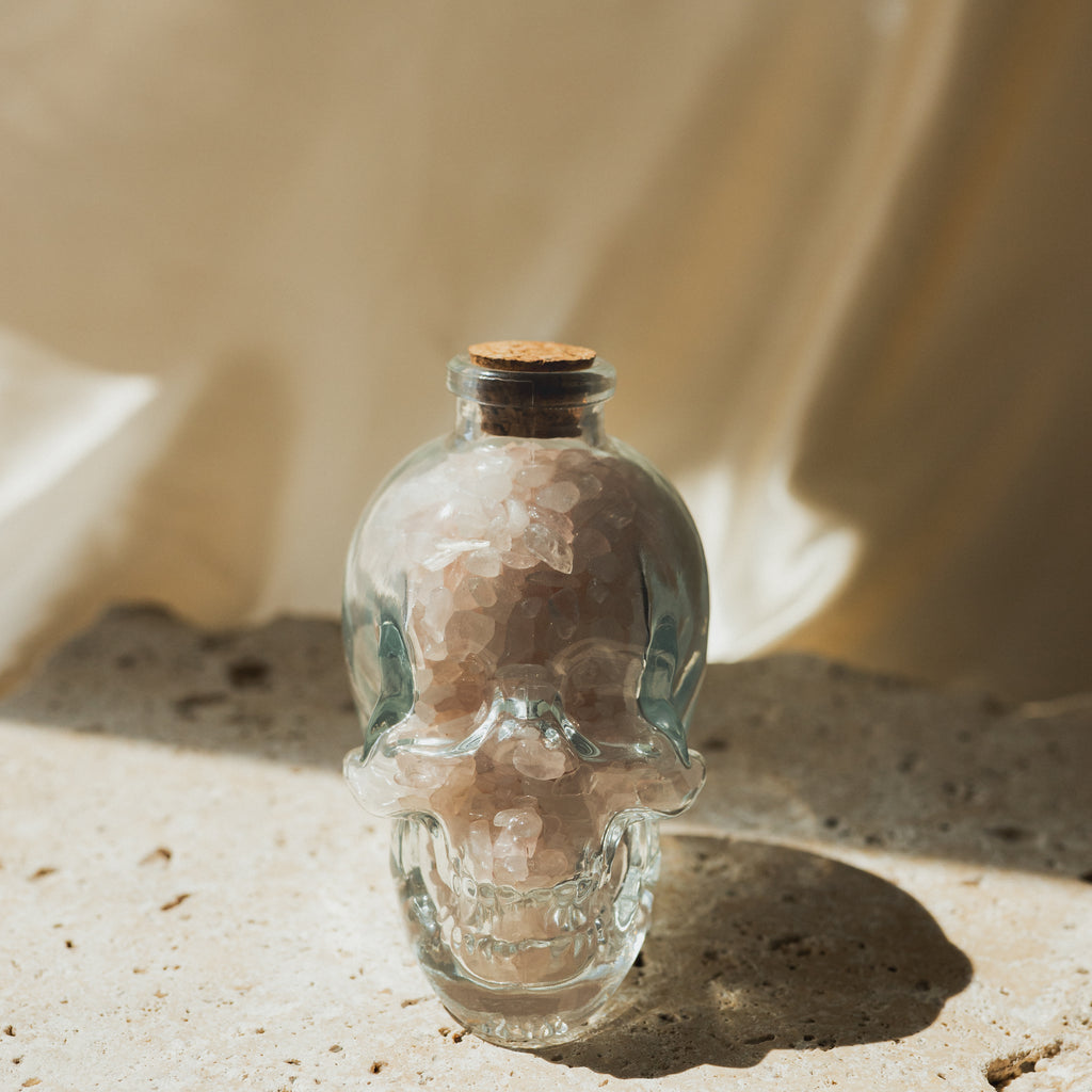 Clear Glass Skull with Rose Quartz Crystal Chips