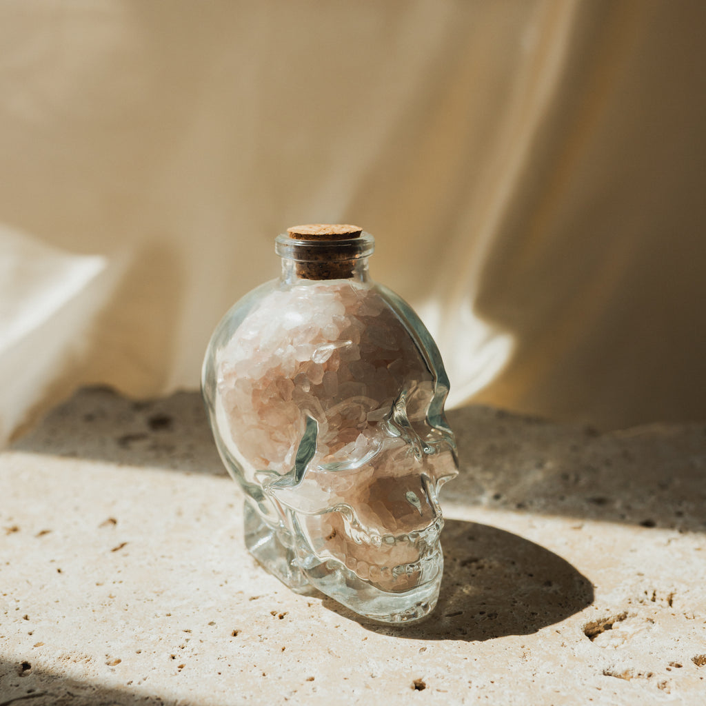 Clear Glass Skull with Rose Quartz Crystal Chips